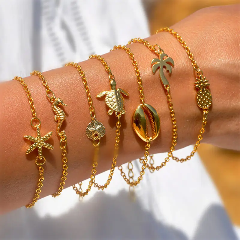 Beach Bracelets gold tone Starfish Seahorse Sand Dollar Turtle Cowrie Shell Palm Tree Pineapple Summer Jewelry Gift Sea Life