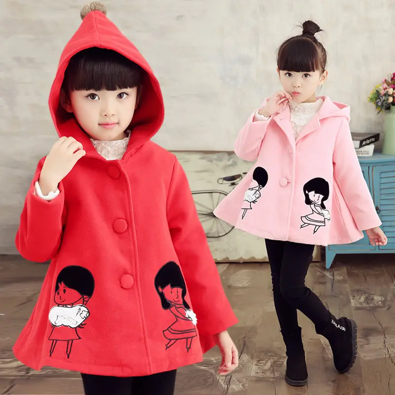 4-10 Tahun Bordir Gadis Bulus Hoodie Wol Mantel Musim Dingin untuk Anak-anak