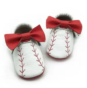 New Design Genuine Leather Baseball Baby Shoes With Bow Soft Sole Baby Boys Girls Infant Walking Shoes