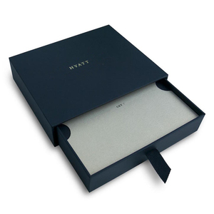 Custom foil stamp logo slide open presentation cardboard ribbon pull out gift slip drawer box