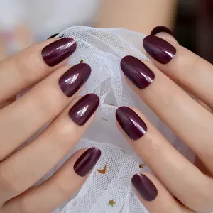 Pure Color Nails Gel Polish Oval False Nails Grape Red Glossy Nail Artificial Tips mit Glue Sticker 24 pcs
