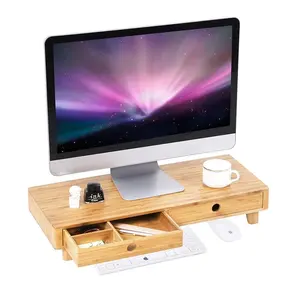 Suporte de madeira de bambu para computador, elevador de tv para computador, com 2 gavetas, laptop, recipiente para desktop e espaço de armazenamento de teclado