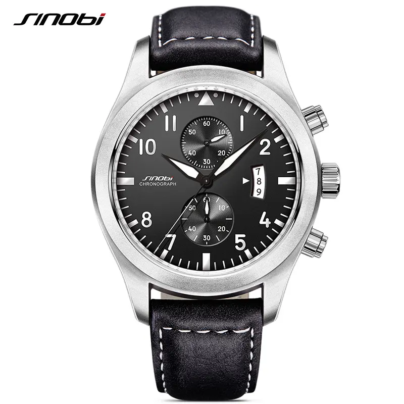 SINOBI Mens Chronograph Sports Watches Men Military Leather Watch Luxury Brand Male Quartz Clock Wristwatches Relogio Masculino