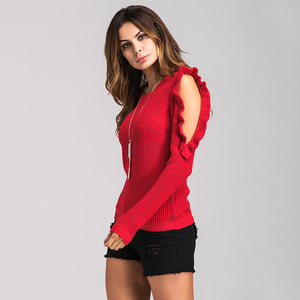 Amazon Venta caliente señoras otoño Top cuello redondo de manga larga de <span class=keywords><strong>punto</strong></span> hombro suéteres <span class=keywords><strong>jersey</strong></span> de las mujeres - Product Image 2