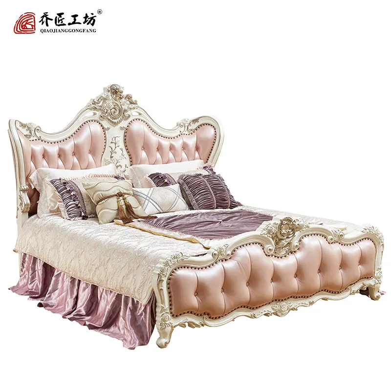 Ensemble de meubles européens de grande taille, lit de chambre à coucher, tapisserie en bois massif sculpté