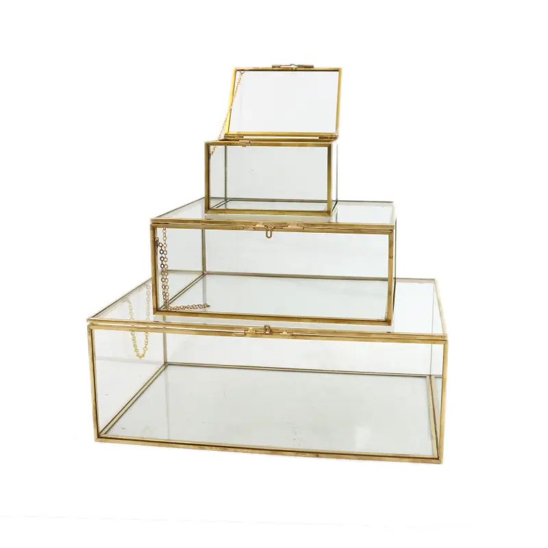 Vintage vidrio templado espejo joyas baratija caja claro de oro de joyería, caja de joyería, caja de regalo