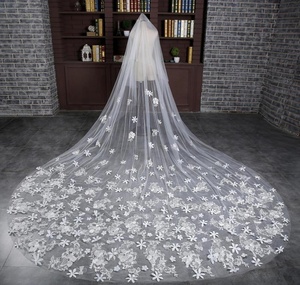 फैशन Crinoline ब्राइडल लंबी पर्दा लक्जरी चार शैलियों शादी फूल अलंकृत Tulle घूंघट - Product Image 5