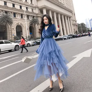 Gaya Harajuku Beludru Mesh Patchwork Elegan Wanita Musim Semi Dress Korea Manis Muda Gadis Gaun Pesta Klub Memakai