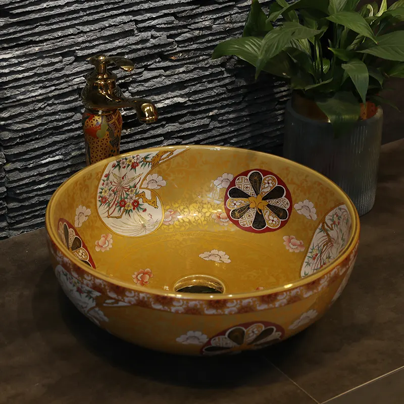 China Artistic round Handmade Europe Vintage Lavabo Washbasin Ceramic art Bathroom Sink antique