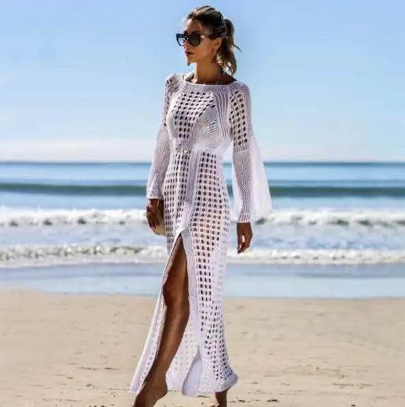 Crochet White Knitted Beach Cover Up Kleid Tunika Bade bekleidung Long Pareos Bikinis Vertuschungen Swim Robe Plage Beach wear Y11514