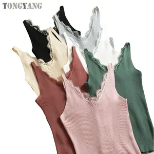 TONGYANG New Ladies Tank Top Flower Lace Solid Stitching V-neck Vest Knitted Short Section Slim Trend Tank Tops