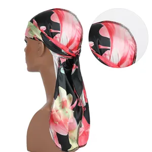 Unisex Mannen Vrouwen Bloemenprint Zijde Durag Zachte Bandana Hoed Tulband Hoofddeksels Lange Staart Hoofd Wrap Golven Doen Durags