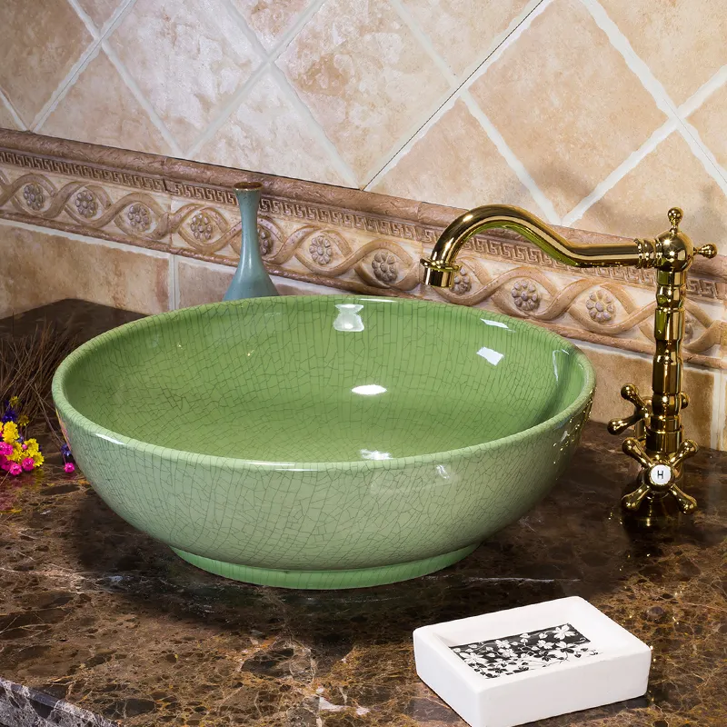 Yeşil Yuvarlak çin fabrika doğrudan renk sırlı tezgah sanat seramik lavabo lavabo banyo için