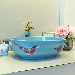 Lavabo de jardin bleu en céramique, nouveau design de motif de poissons, style chinois rouge, vasque pour les mains, forme ovale, pour la salle de bain