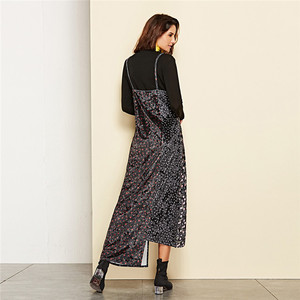 Échantillon Disponible Sexy Automne Hiver Velours Floral Spliced V Cou Noir Couleur Maxi De Courroie De Gaine Robe - Product Image 5