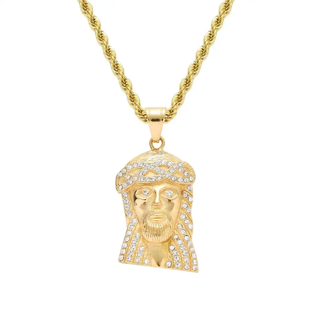 HipHop אייס מתוך קריסטל ישו המשיח חתיכה ראש פנים תליוני שרשראות זהב לגברים נירוסטה תכשיטים