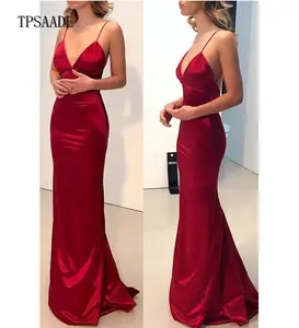 Desain Terbaru Gaun Prom Pas Badan Punggung Terbuka Tali Spageti Satin Merah WF191