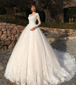 Appliques di lusso fiori 3d decorare abito da sposa a manica lunga trasparente in pizzo abito da sposa con bottoni lacci 2025 Vestido di Novia - Product Image 1