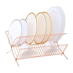 Kitchen corner plate drying storage double tier rose gold dish rack