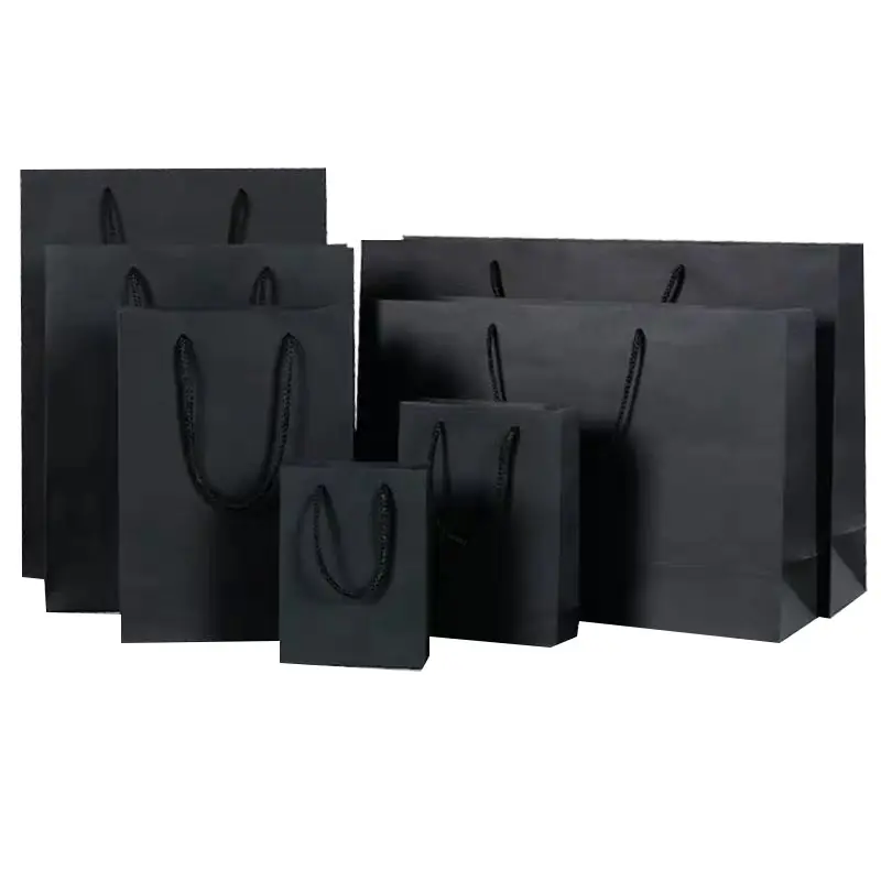 Stock low cost black bioldegradable flat bottom handle paper bag with logo for shopping