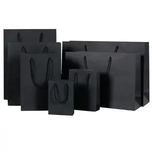 Stock Low Cost Black Bioldegradable Flat Bottom Handle Paper Bag With Logo For Shopping