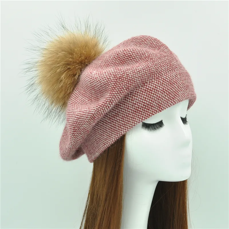 Colored Knitted Beret With Real Raccoon Pompom 100% Cotton Beret