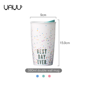 Promocional colorido patrón belleza precio grande <span class=keywords><strong>doble</strong></span> pared de café de cerámica taza de viaje con tapa - Product Image 2