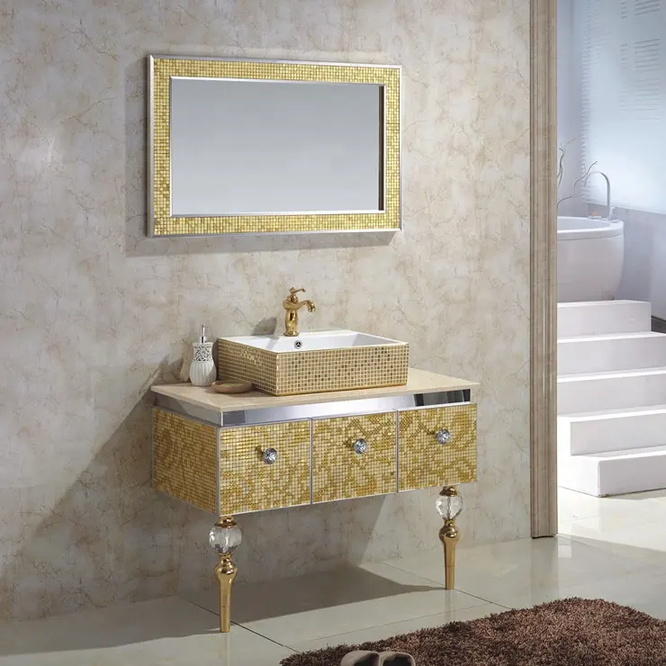 Mueble de baño de lujo de acero inoxidable, mueble de mosaico dorado