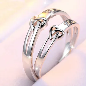 Оптовая продажа, Лидер продаж, ювелирные изделия для влюбленных, регулируемые однотонные серебряные обручальные кольца, кольцо с изменяемым размером 925 в форме сердца и узелка