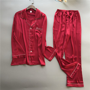 Personale Su Misura marchio del ricamo di nuovo del progettista di colore solido pulsante man giù pj <span class=keywords><strong>set</strong></span> manica lunga in raso di seta Degli Indumenti Da Notte pigiama <span class=keywords><strong>set</strong></span> - Product Image 4