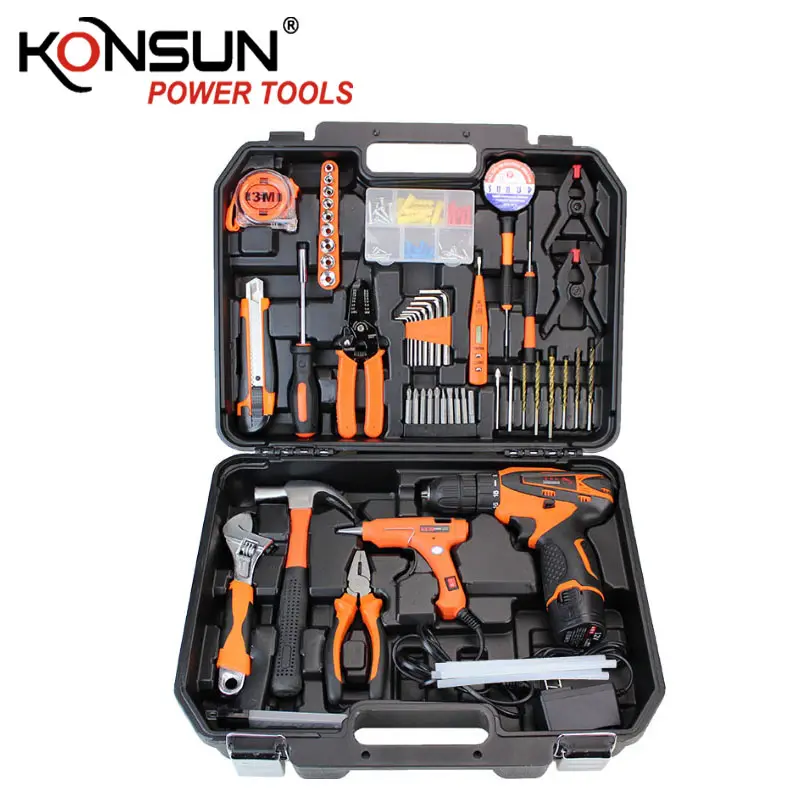 Konsun Kx85225 Model Hot Sell 55 Pcs 12v Electric Cordless Drill Electrical Garden Tool Set Hand Tools Case,bmc CN;ZHE Yellow /