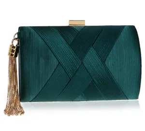 2021 new design elegant silk ladies clutch bag evening, green evening bag silk clutch party tassel bag custom