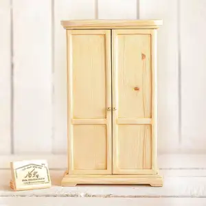 Doll house Miniature Furniture Double Door Wardrobe Wooden Crafts Display Cabinet Clothes Wardrobe Unfinished Style