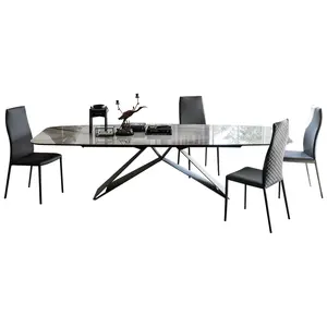 Mesa de comedor moderna, rectangular, dorada, con encimera de mármol blanco de carrara