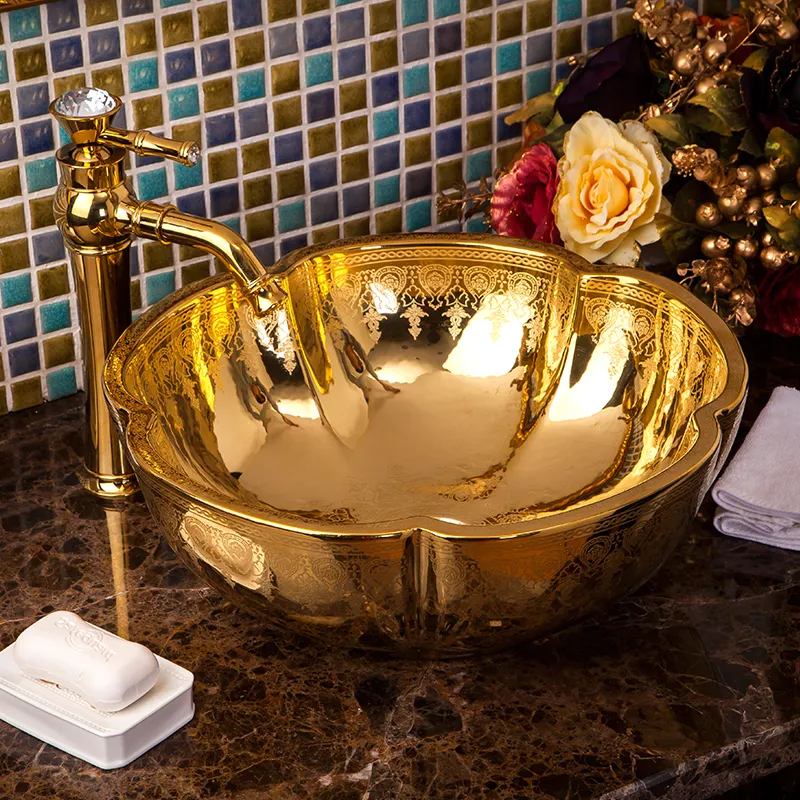 中国絵画芸術的な磁器アートアンティーク手描き洗面台シンク洗面台ボウル花の形ライトゴールデンバスルームシンク