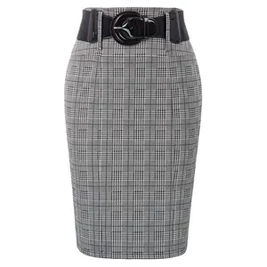 Jupe Crayon BP Damen Retro Vintage Gürtel verziert Hüften gewickelt Bodycon Pencil Casual Plaid Rock