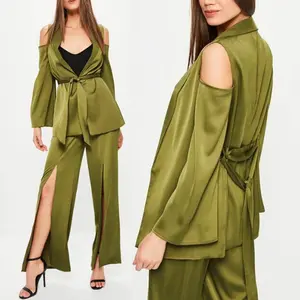Женская одежда, Атласный блейзер с завязкой на плечах, зеленые топы и брюки, женские платья для офиса