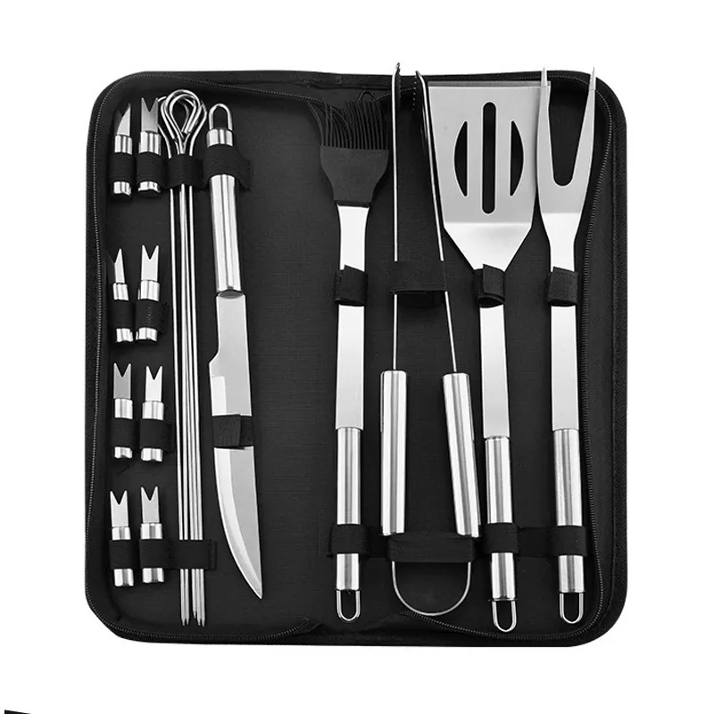 Amazon Hot Sale Stainless Steel BBQ Tools 18pcs Perfect Outdoor Barbecue Grill Utensils Set with Oxford Fabric Case Package