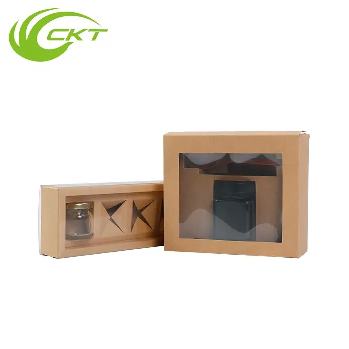 Embalaje de papel Kraft marrón personalizado, tarro de cristal de miel, caja de regalo con ventana transparente de PVC