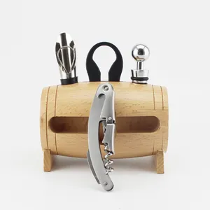 Wholesale stainless steel wooden box 4 pieces corkscrew opener pourer stopper foil cutter wine gift set