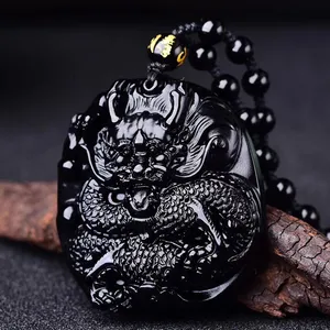 थोक हँस बुद्ध भाग्यशाली आकर्षण पैसे-Good quality!!!Polished carving Chinese black A Natural Obsidian carved dragon black obsidian necklace pendant for sale