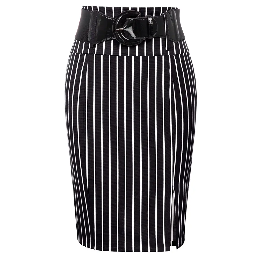 BP000923 Women Pinstripe High Waist Belt Decorated Hips-wrapped Bodycon Pencil Skirt