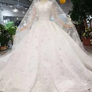 HTL347 Real Elegan Lengan Panjang Rumbai Pola Mewah Populer Bridal Mewah Pernikahan Gaun