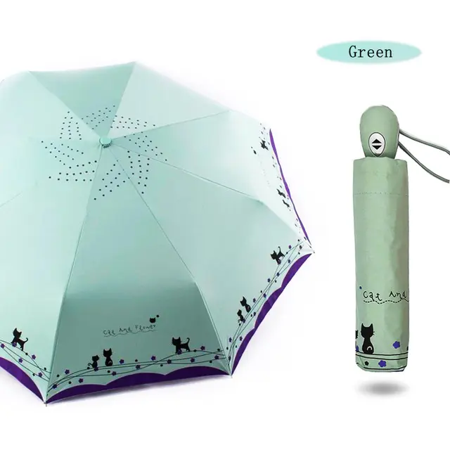 Full Automatic 3folding Customized UV Sun Protect Umbrella High Quality Cute Cat Print Black Silver Coating 3 Fold Umbrella