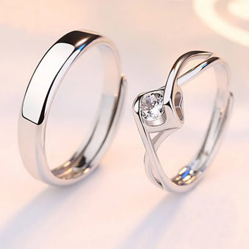 Creative ปรับขนาดได้เงินแท้ผู้ชายว่างเปล่าแหวนแต่งงาน Zirconia รูปหัวใจ Angel Kiss หมั้นแหวนคู่