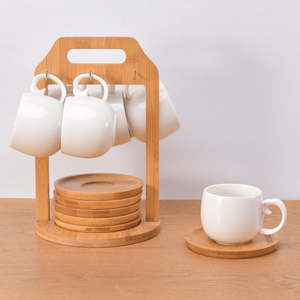 Set di Tazza da <span class=keywords><strong>Caffè</strong></span> in Ceramica Bianca JC con Piattino <span class=keywords><strong>e</strong></span> Vassoio in Legno, Tazza in Ceramica con Supporto in Legno Massiccio per Stoviglie - Product Image 1