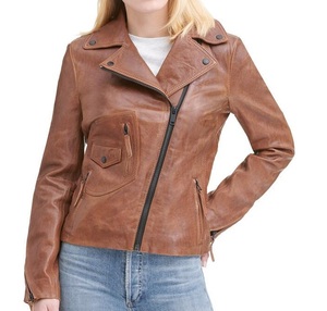 Diseño Dark Beige Biker Jacket para mujer Sporty Real Leather Fashion Cheap Wholesale New Arrivals - Product Image 2