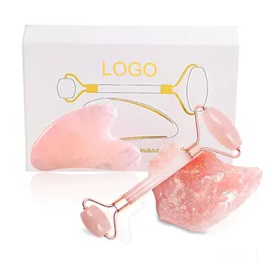 Set Rol Pijat Wajah Quartz Mawar Kustom, Set Rol Giok Gua Sha Kuarsa Mawar Alami dan Set Gua Sha