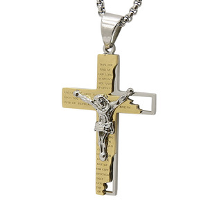 Homme bible prière crucifix en acier inoxydable argent pendentif croix en or - Product Image 1