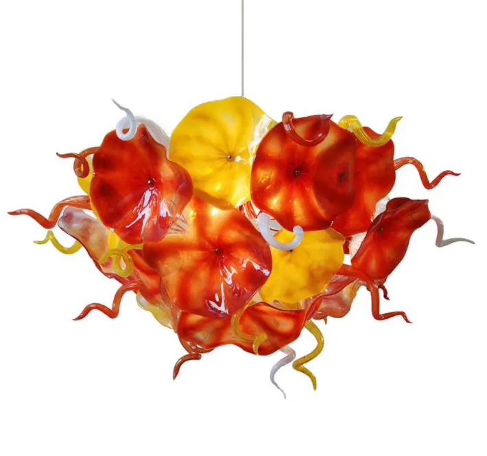 Italië Ontwerp Bloem Platen Kroonluchter Verlichting Oranje Geel Kleur Handgeblazen Glazen Chain LED Lichtpunt Kroonluchters